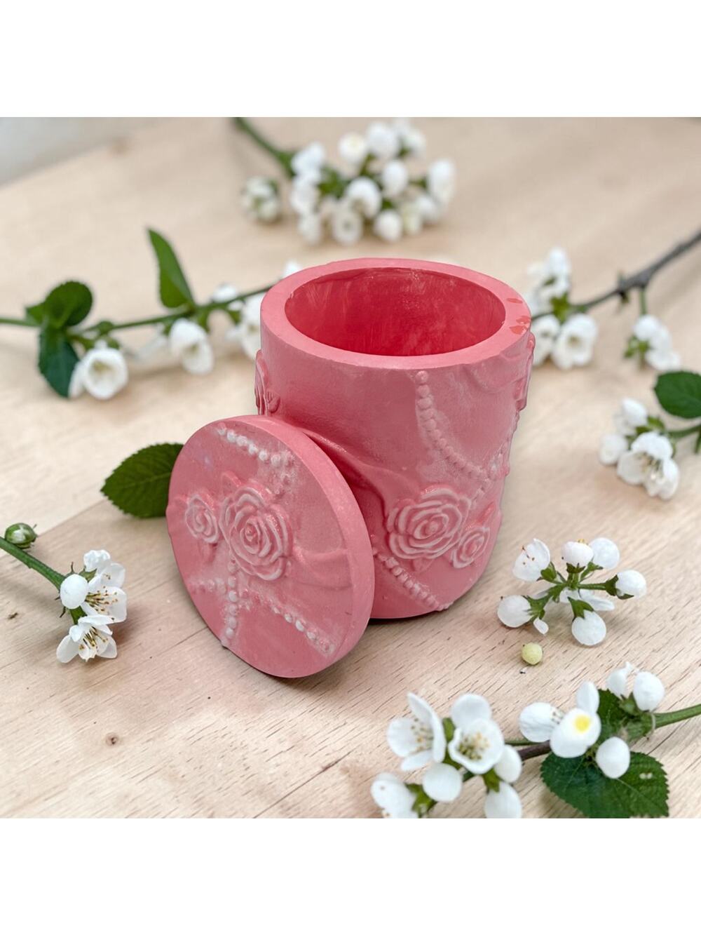 Handmade Eco Resin Rose Trinket Jar with Lid Pink Jewelry Box Hand Painted